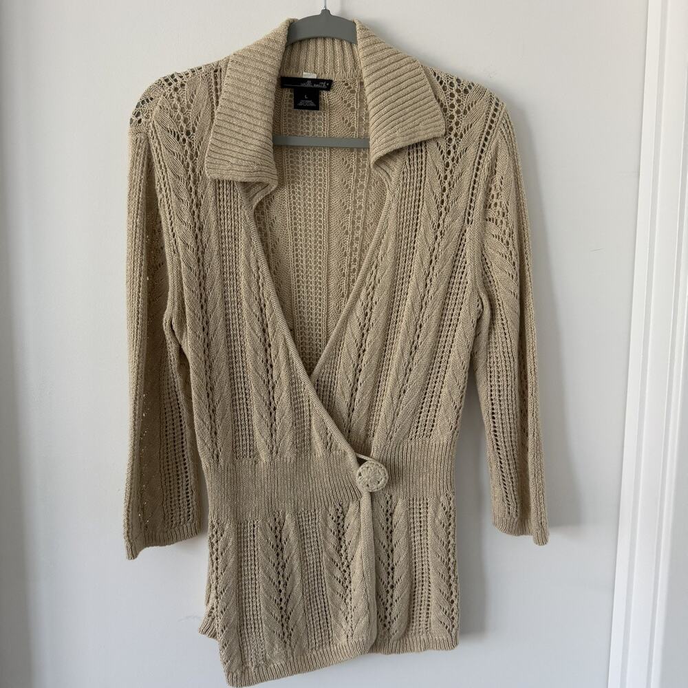 Y2K boho Womens Large Beige Open knit Weave Wrap Shrug Cardigan‎